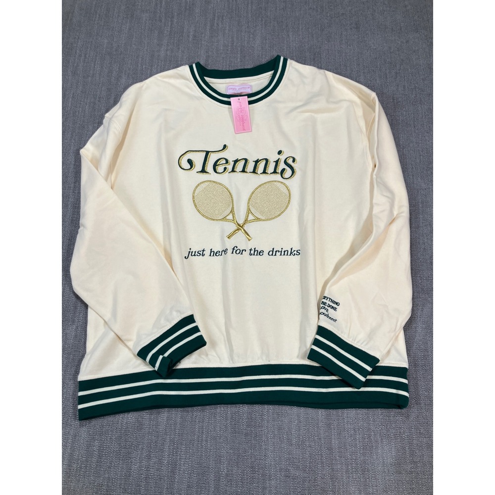 Simply Southern Tennis Just Here For The Drinks Sweatshirt Cream Green XL NWT
